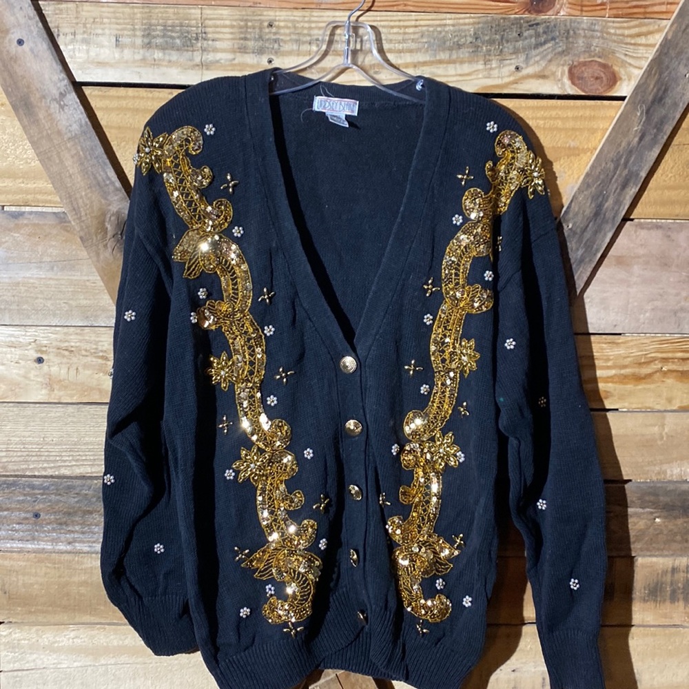 Lindsey Blake Vintage Sweater Black Gold Sequined Size M